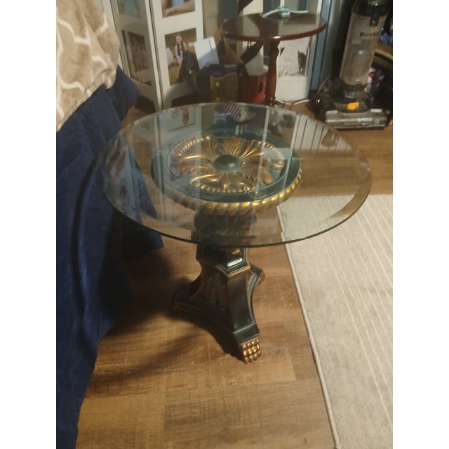 Gold Hollywood Regency Glass Top Pedestal Side Table With Gilt Neoclassical Base For Sale - Image 8 of 9