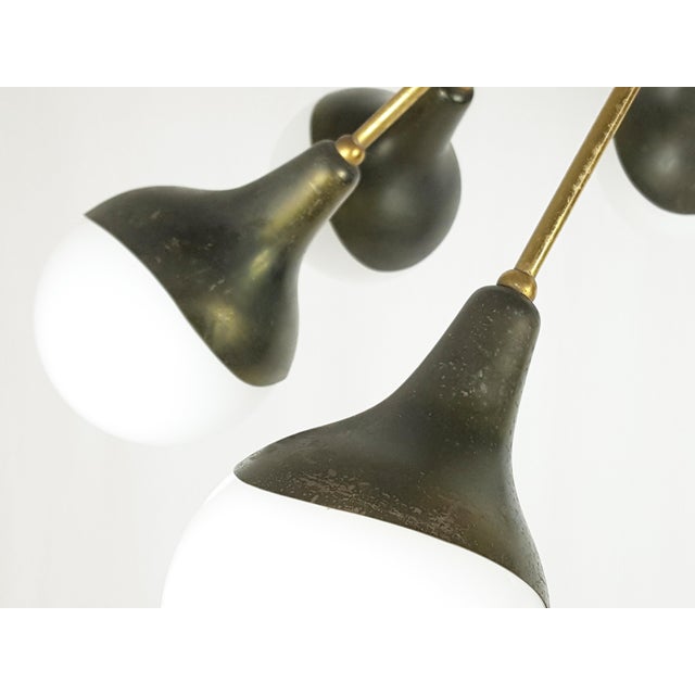 Opaline Glass, Brass & Painted Metal 8-Light Pendant Lamp from Stilnovo, 1950s For Sale - Image 9 of 14