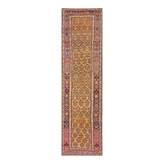 1880s Yellow Geometric Antique Nw. Persian Kurdish Rug 3'10" X 13'7" Handknotted Wool Carpet For Sale