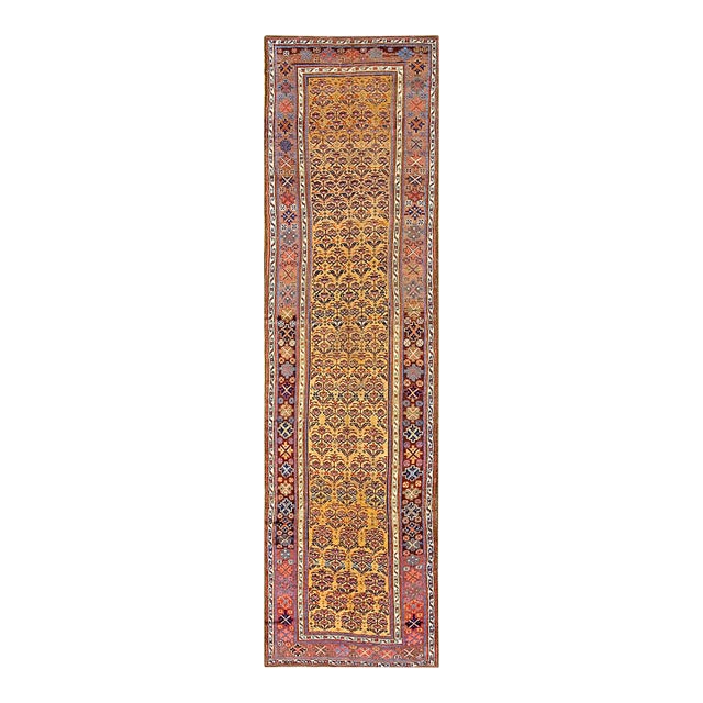 1880s Yellow Geometric Antique Nw. Persian Kurdish Rug 3'10" X 13'7" Handknotted Wool Carpet For Sale