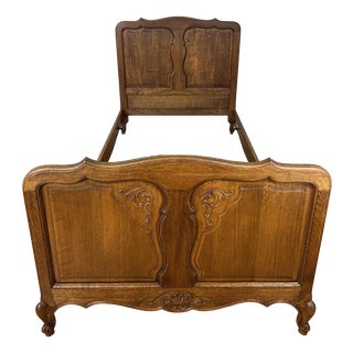 Vintage Louis XVI French Oak Single Bed Frame with Carved Headboard For Sale