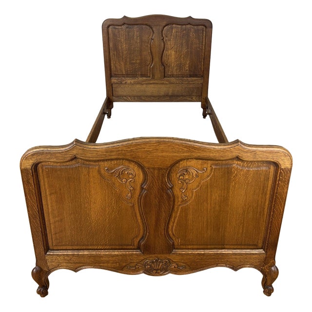 Vintage Louis XVI French Oak Single Bed Frame with Carved Headboard For Sale