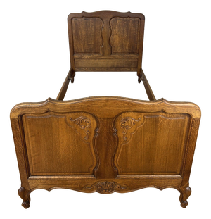 Vintage Louis XVI French Oak Single Bed Frame with Carved Headboard