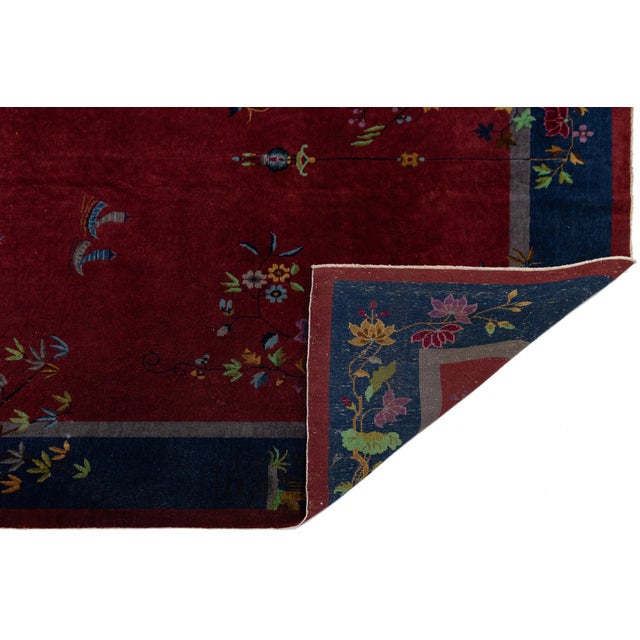 Art Deco 8 X 10 Antique Handmade Chinese Art Deco Wool Rug in Red With Traditional Design For Sale - Image 3 of 12