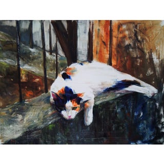 On Hold by Yael Maimon | Oil Painting of a resting calico cat on a ledge For Sale