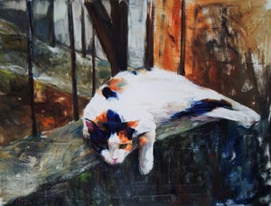 On Hold by Yael Maimon | Oil Painting of a resting calico cat on a ledge