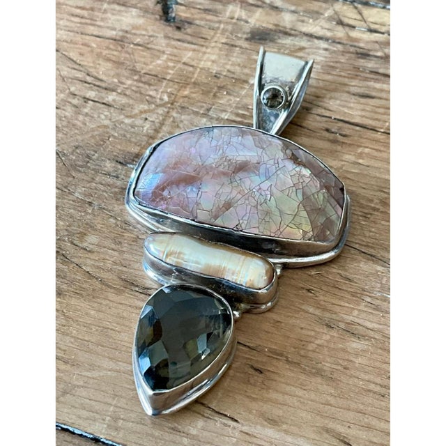 Vintage Boho Smokey Quartz & Mother of Pearl Pendant For Sale In West Palm - Image 6 of 12