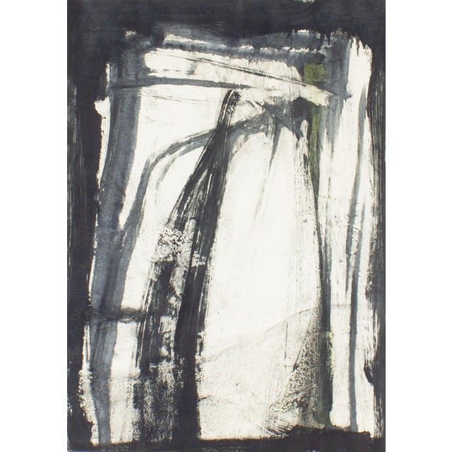 A 1965 monoprint, titled "Rocks," by the American artist Joan Farrar. This print features abstract strokes of black...