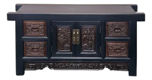 Vintage Chinese Black Brown Relief Carving Low Console Table Credenza