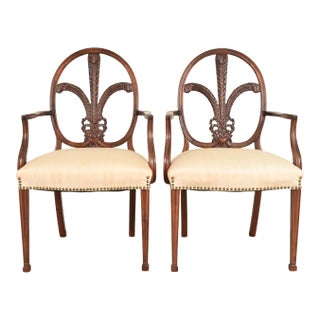Romweber Antique French Regency Louis XVI Carved Mahogany Armchairs or Dining Chairs, Pair For Sale