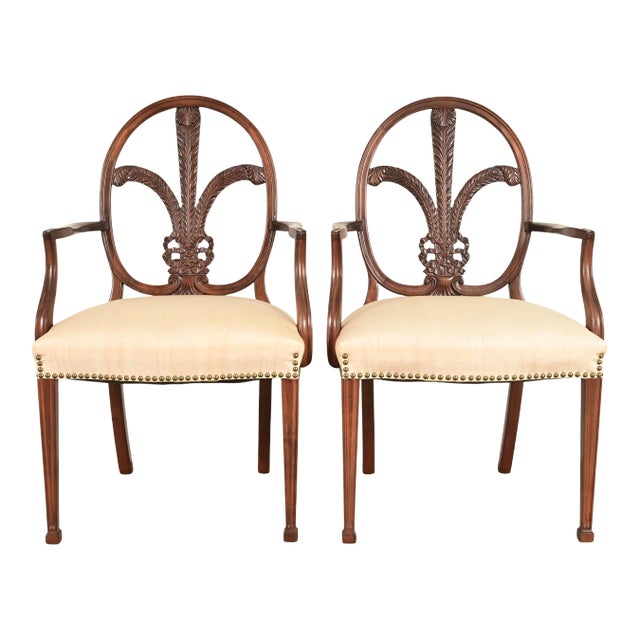 Romweber Antique French Regency Louis XVI Carved Mahogany Armchairs or Dining Chairs, Pair For Sale