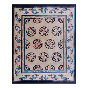 A Small Ivory Ground Color With Black-Orange Dragon in a Chinoiserie Pattern Antique Chinese Baotou Rug