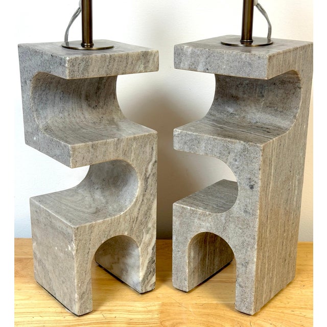 1980s Italian Sculptural Gray Marble Architectural Table Lamps - a Pair For Sale - Image 13 of 16