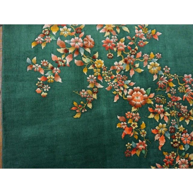 Antique Green Field Chinese Room Size Knotted Wool 1930s Rectangle Art Deco Rug For Sale - Image 9 of 10
