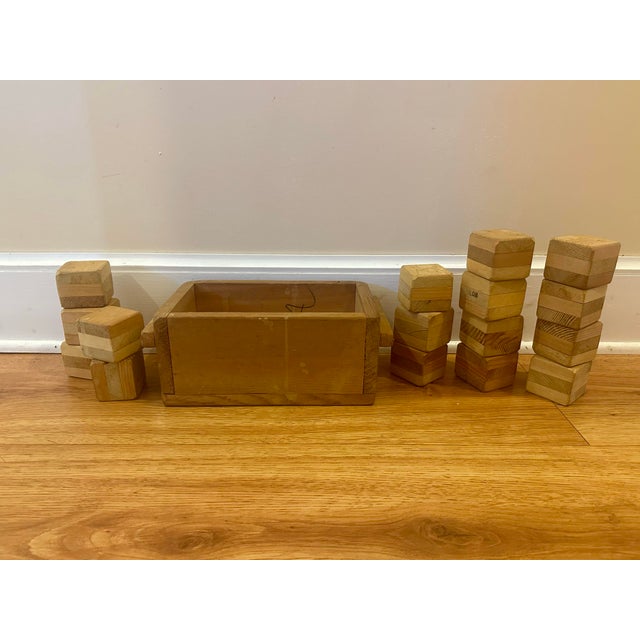 Brown Vintage Hand Crafted Wooden Building Blocks With Original Storage Box – Rustic Montessori Style Set For Sale - Image 8 of 8
