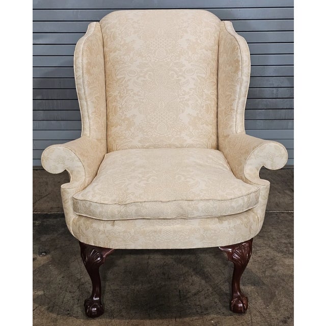 Store Item: Kindel Winterthur Collection Clawfoot Wing Chair Damask Fabric Description: Copied from a Philadelphia Wing...