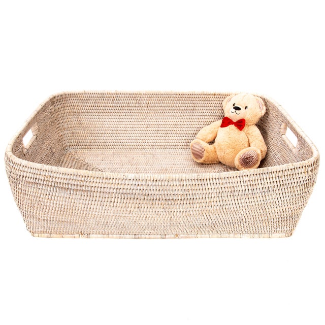 Artifacts Rattan Rectangular Oblong Storage Basket, White Wash, 26" For Sale - Image 4 of 5