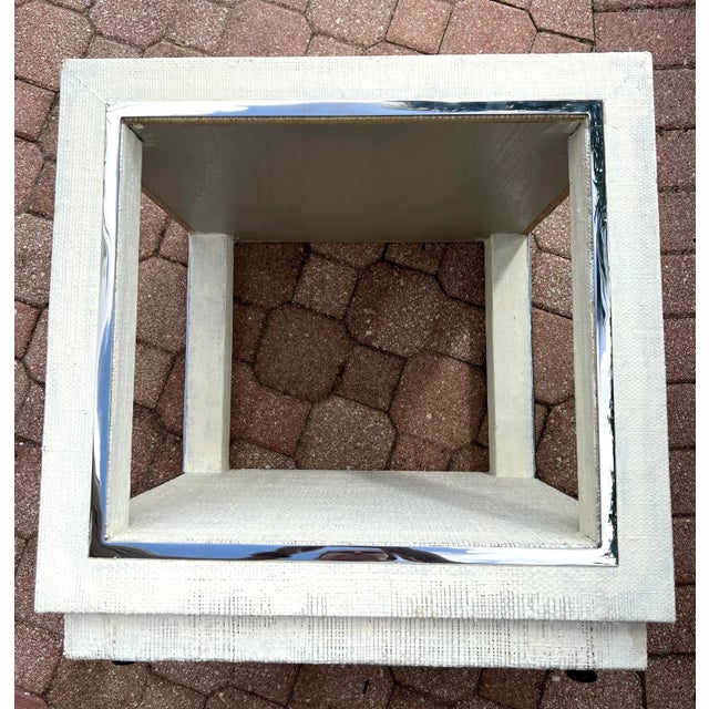 White Mid Century Grasscloth White Side Table With Chrome For Sale - Image 8 of 10