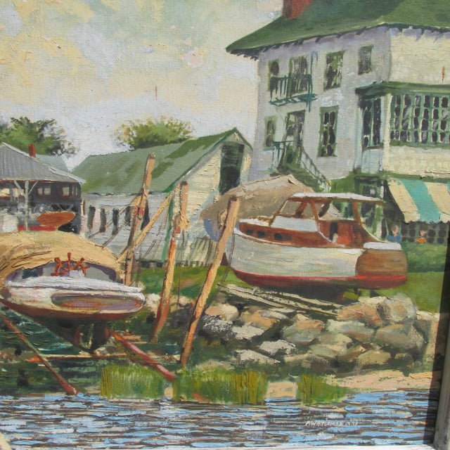 Traditional Framed Oil Painting on Canvas of Dockyard and Hotel by M. Whitcombe, 1979 For Sale - Image 3 of 12