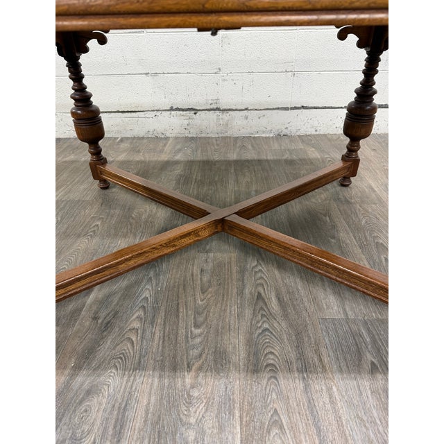 Vintage Old English Tudor Jacobean Revival Style Oak Draw Leaf Dining Table For Sale - Image 12 of 18