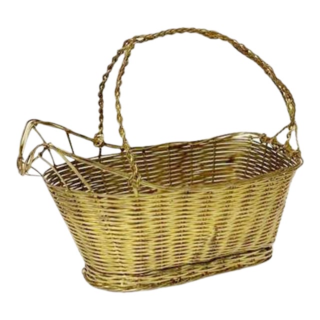 1940s Vintage French Brass Wine Basket Holder For Sale