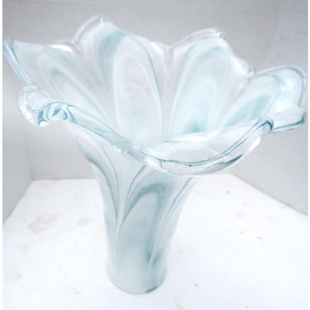 Modern Tall 15.5” Murano Italian Blown Glass Fazzoletto Lily Vase – Aqua Alabastro Swirl For Sale - Image 3 of 14