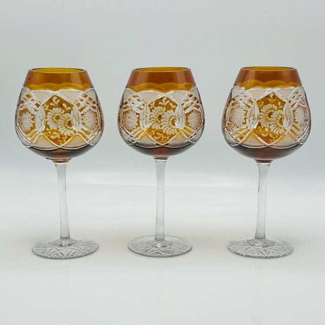 Vintage Bohemian Amber Cut-to-Clear Wine Glasses, 1950s, Set of 3 For Sale - Image 4 of 11