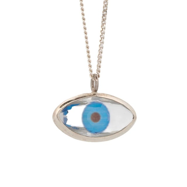 Silver Protective Blue Evil Eye Glass Pendant Sterling Silver Necklace For Sale - Image 8 of 8