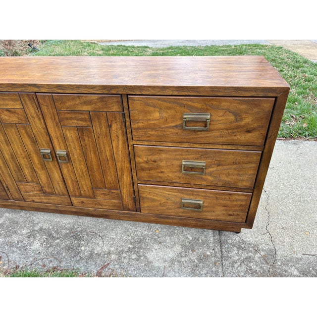 Brown Vintage Drexel Heritage Campaign 9 Drawer Dresser For Sale - Image 8 of 14