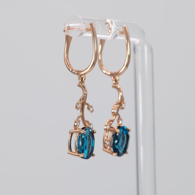 2020s 4.6Ct London Blue Topaz Stud Earrings With Earth-Mined Diamond Accents: 14k Gold, A Pair For Sale - Image 5 of 5