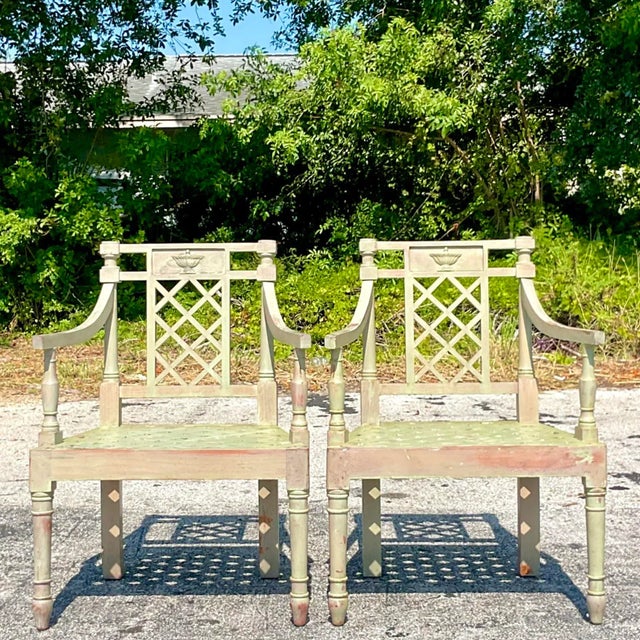 Wood Vintage Regency Victorian “Hepplewhite” Garden Chairs - a Pair For Sale - Image 7 of 7
