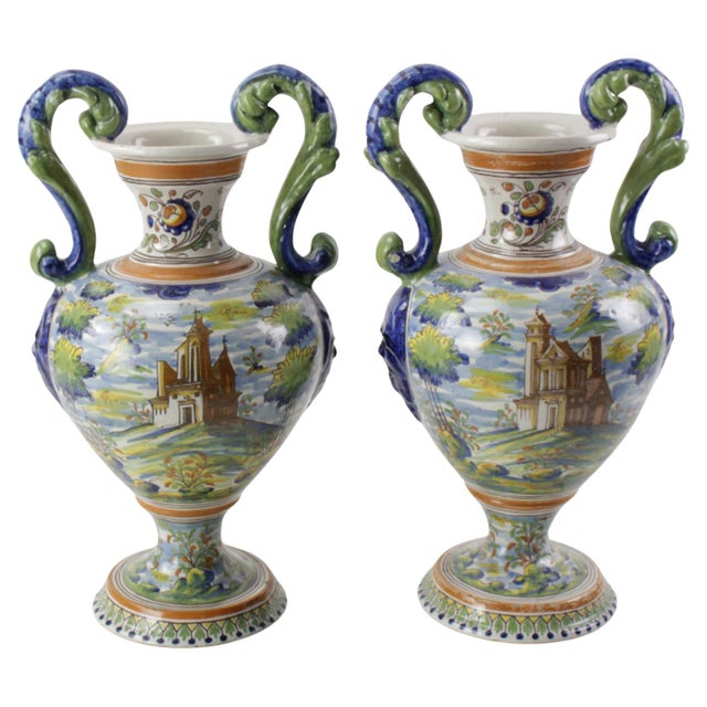 Antique Italian Majolica Italian Blue and Green Two Handled Urns - A Pair For Sale - Image 10 of 18
