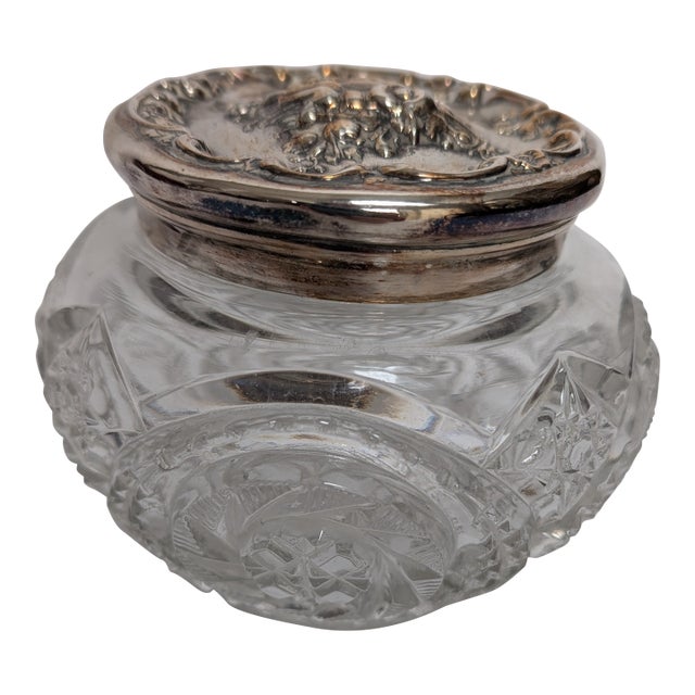 Antique Powder Jar Cut Crystal With Silver Top For Sale
