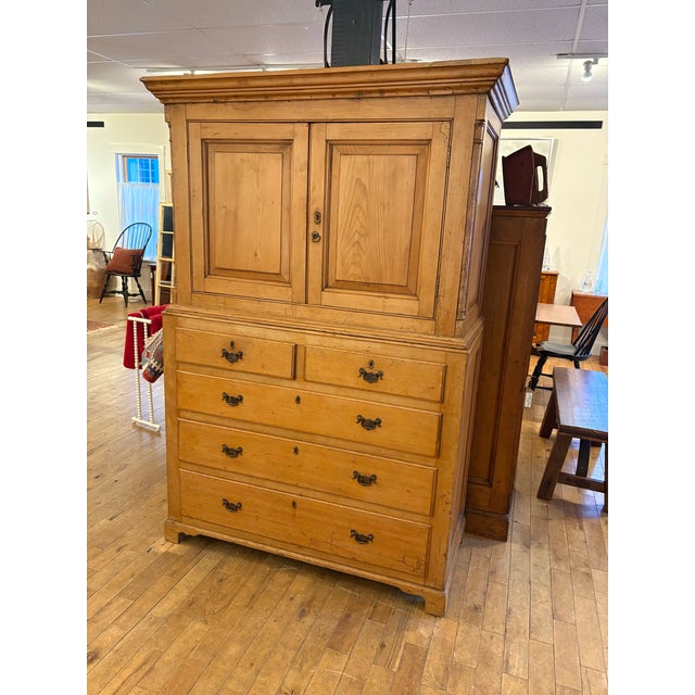 Wood Antique English Pine Linen Press W/5 Graduated Drawers For Sale - Image 7 of 8