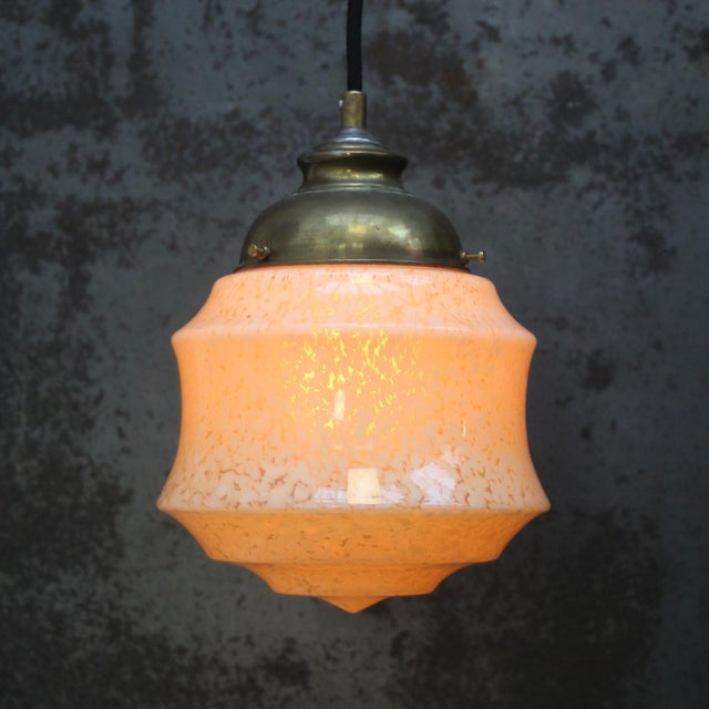 French “Clichy” yellow coloured glass pendant lamp Brass glass holder 2 meter black cotton flex E26 / E27 Up to 250V...