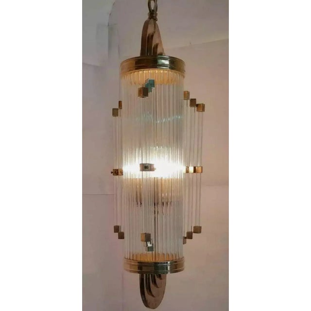 Vintage Art Deco Skyscraper Rod Ship Chandelier in Brass & Glass For Sale - Image 6 of 8