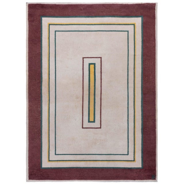 Doris Leslie Blau Vintage French Art Deco Cream Hand-Knotted Wool Rug For Sale