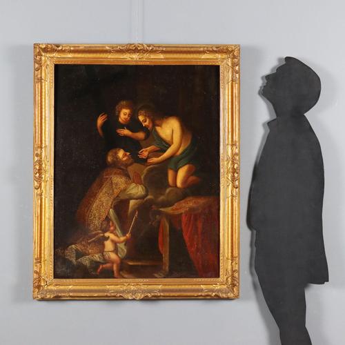 Oil on canvas. A kneeling Bishop Saint receives Communion from Jesus Christ, descended from Heaven, while an angel holds...