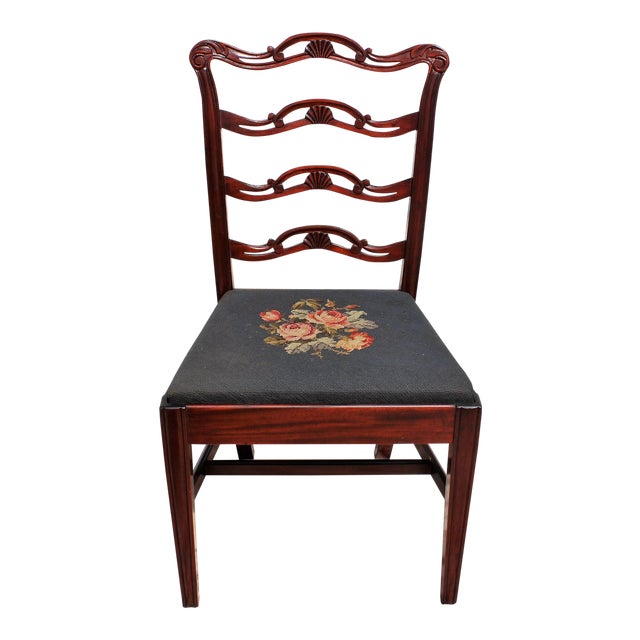 Floral Needlepoint Seat Mahogany Ribbon Back Chair | Chairish