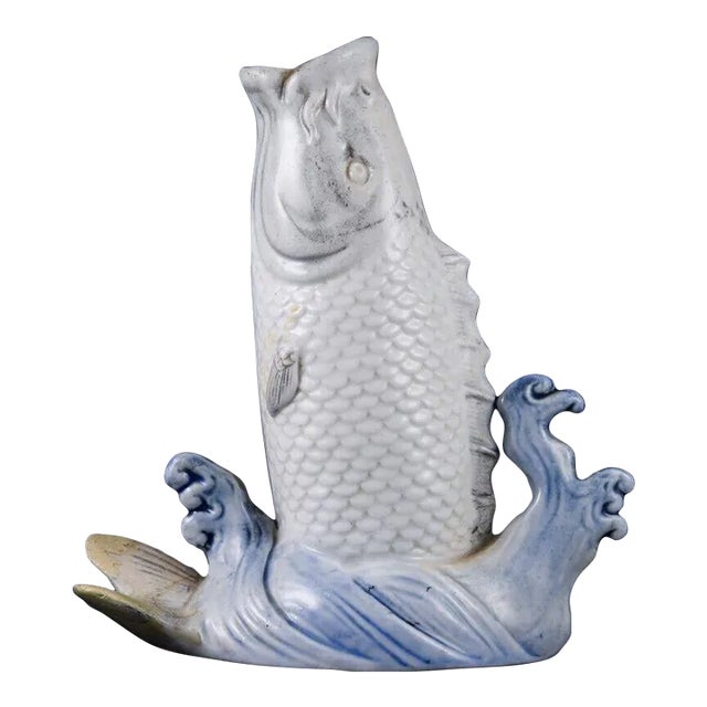 19th Century Japanese Hirado Porcelain Leaping White Koi For Sale