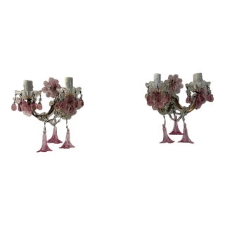 C 1930 Rare Pink Cranberry Fuchsia Murano Flowers Crystal Sconces One of Kind For Sale