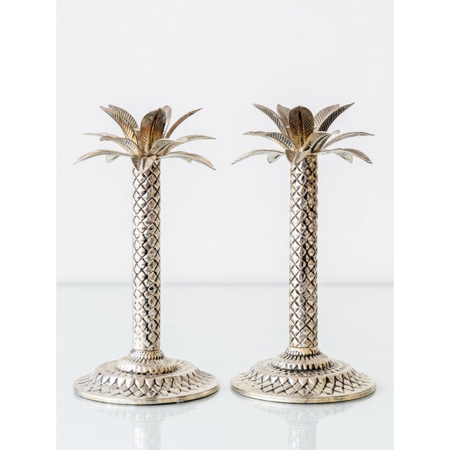Metal Vintage Hollywood Regency Palm Beach Silvered Metal Palm Tree Candlesticks, Set of 2 For Sale - Image 7 of 8
