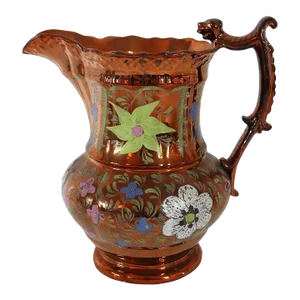 English Staffordshire Enamelled Copper Luster Dog-Handle Pitcher