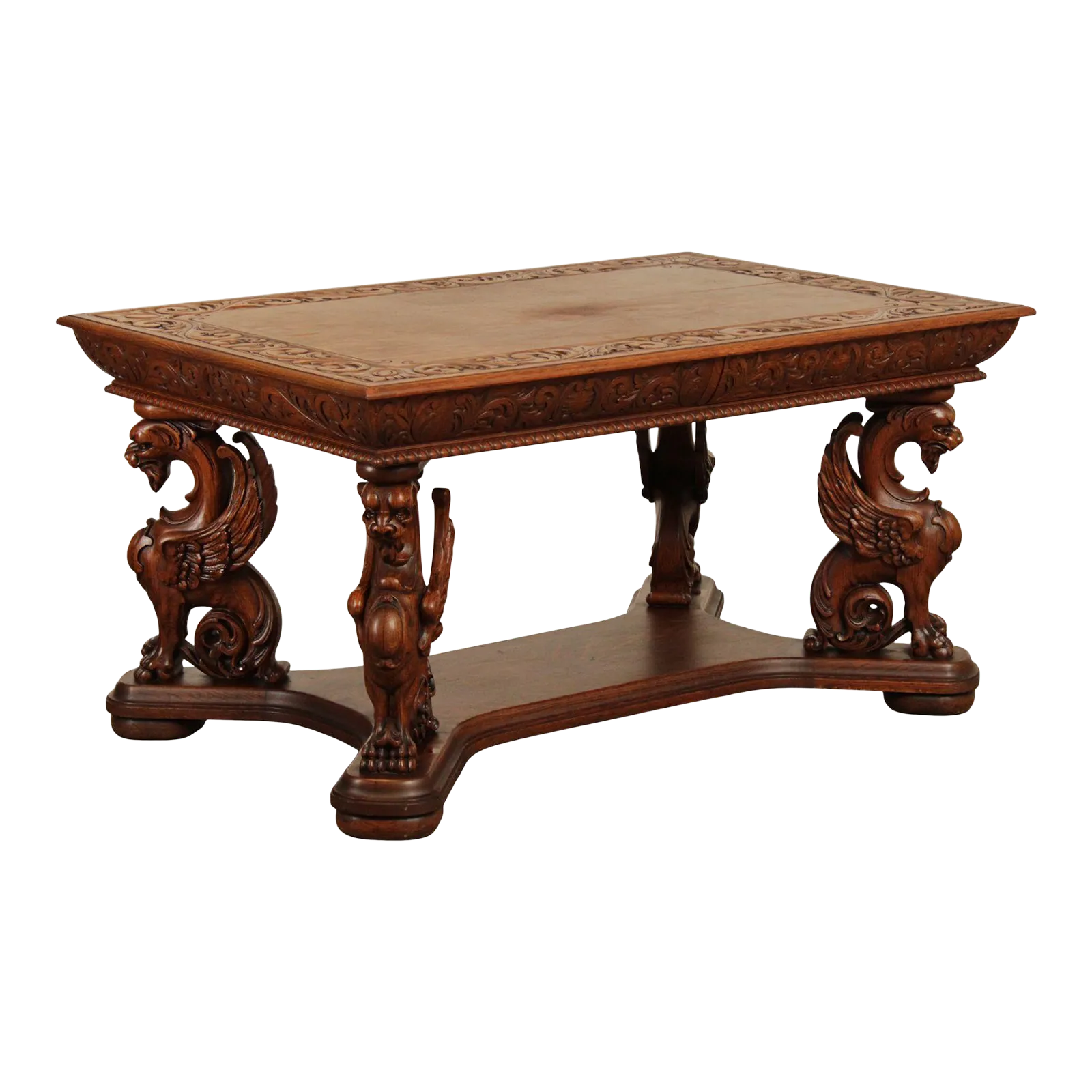 Antique Renaissance Revival Griffin Carved Oak Writing Desk or