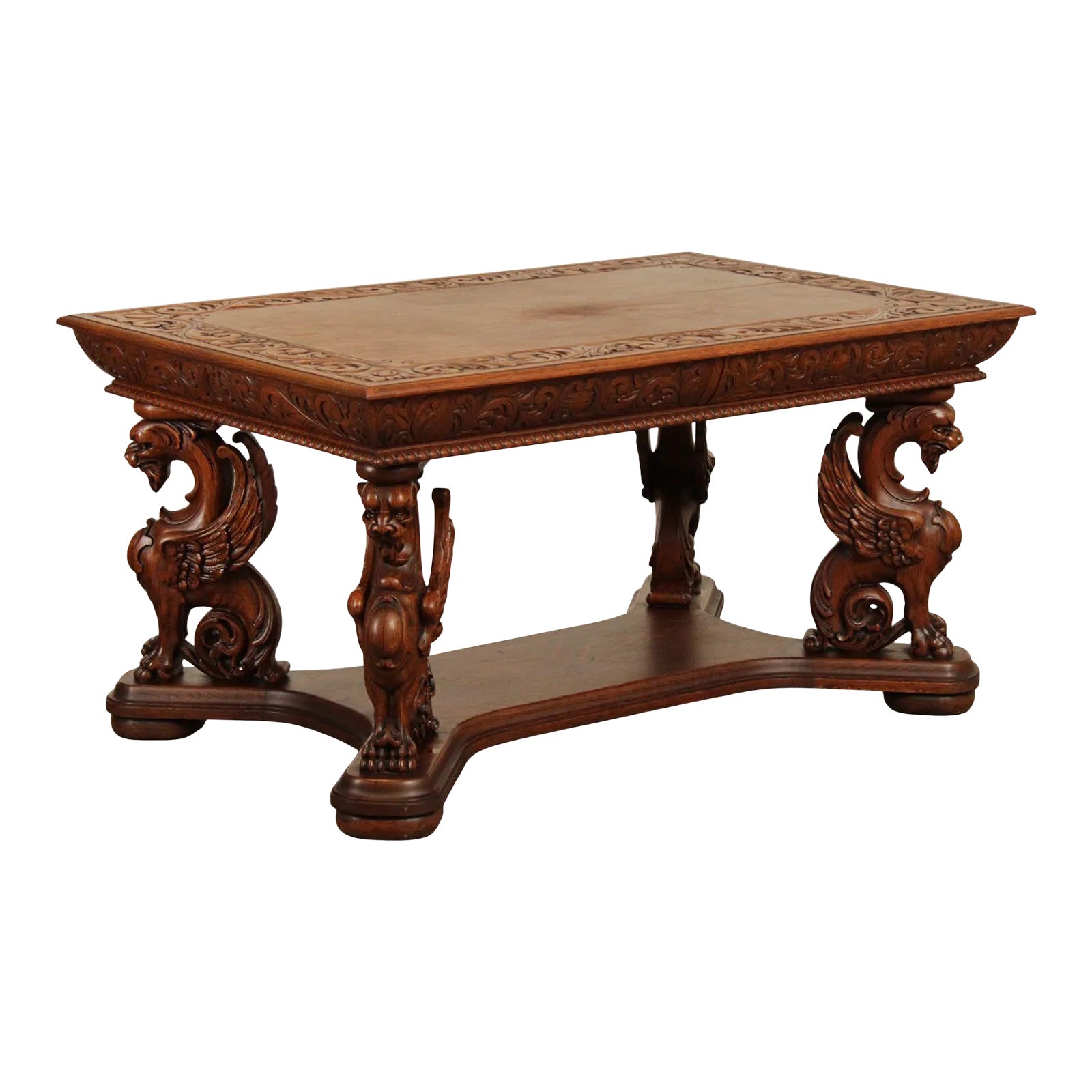 Antique Renaissance Revival Griffin Carved Oak Writing Desk or