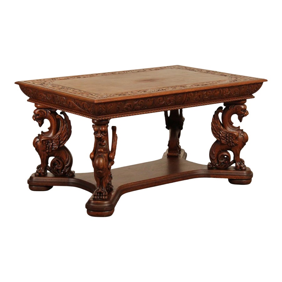 Antique Renaissance Revival Griffin Carved Oak Writing Desk or
