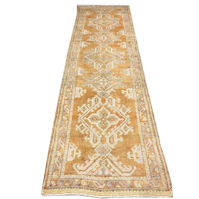 Turkish Antique Turkish Oushak 3x11 Golden Beige & Khaki Handmade Runner Rug #1140253 For Sale - Image 3 of 13