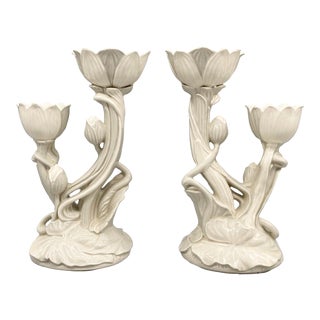 20th Century Art Nouveau Takahashi Lotus Flower Double Candle Holders- a Pair For Sale