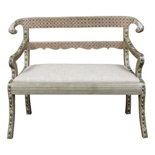 1930s Moroccan Metal Upholstered Settee With Enamel Décor and Rams' Heads For Sale