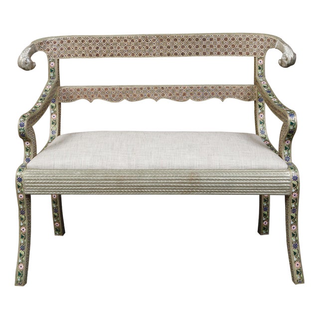 1930s Moroccan Metal Upholstered Settee With Enamel Décor and Rams' Heads For Sale